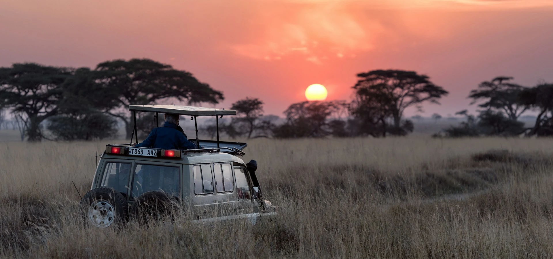 A 4x4 vehicle driving through the middle of the african savannah during sunset.
