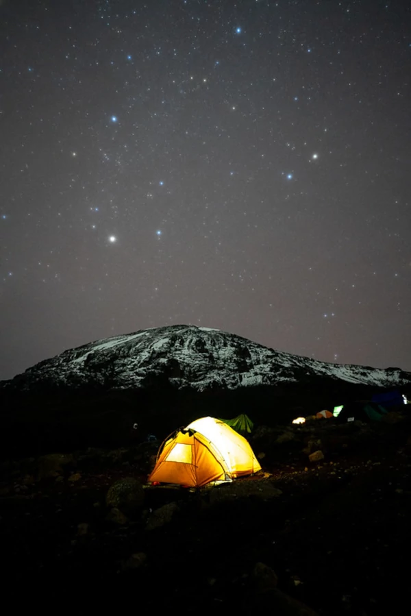 Campsite at Kilimanjaro with a sky full of stars