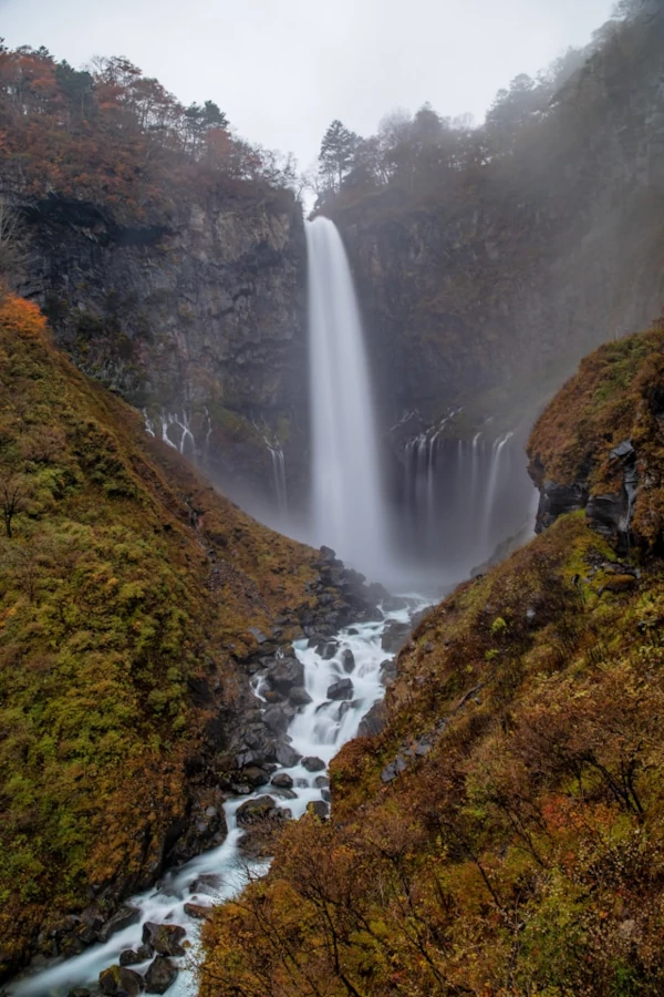Kegon waterfall surrounded by trees and mist