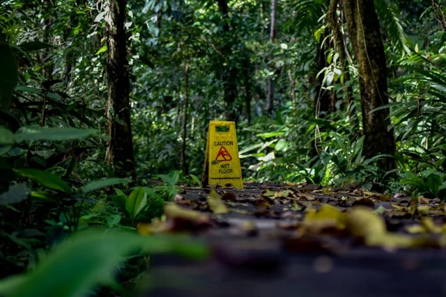 Señal de precaución de piso mojado en un sendero del Parque Nacional Tortuguero, Costa Rica Señal de precaución de piso mojado en un sendero del Parque Nacional Tortuguero, Costa Rica