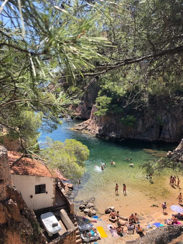 A small cove with clear waters and golden sand, with people enjoying and cooling off during the summer