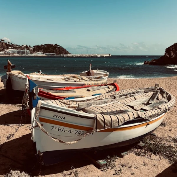 Fishing boats moored on the sand of a beach