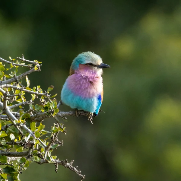 A colorful lilac-breasted roller perched on a branch