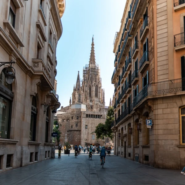 View of a street in Barcelona with the cathedral on the background