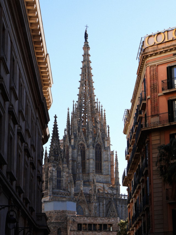 Barcelona Cathedral seen from Dr. Joaquim Pou Street, where the cathedral can be seen between two buildings