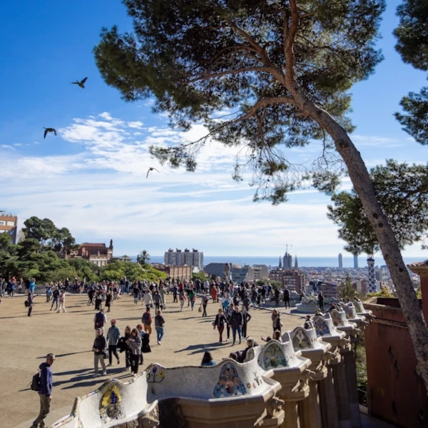 A large group of people walking around Park Guell in Barcelona