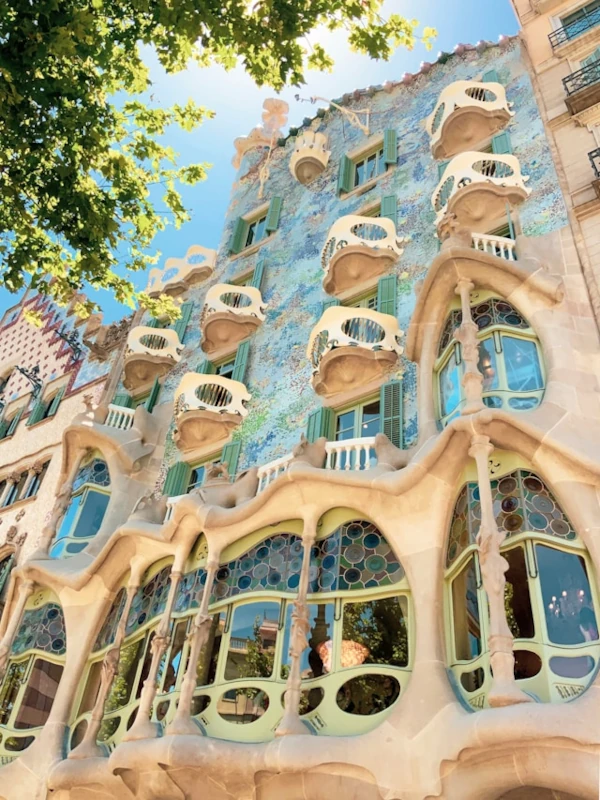 The colourful Casa Batlló beneath a blue sky and green tree leaves