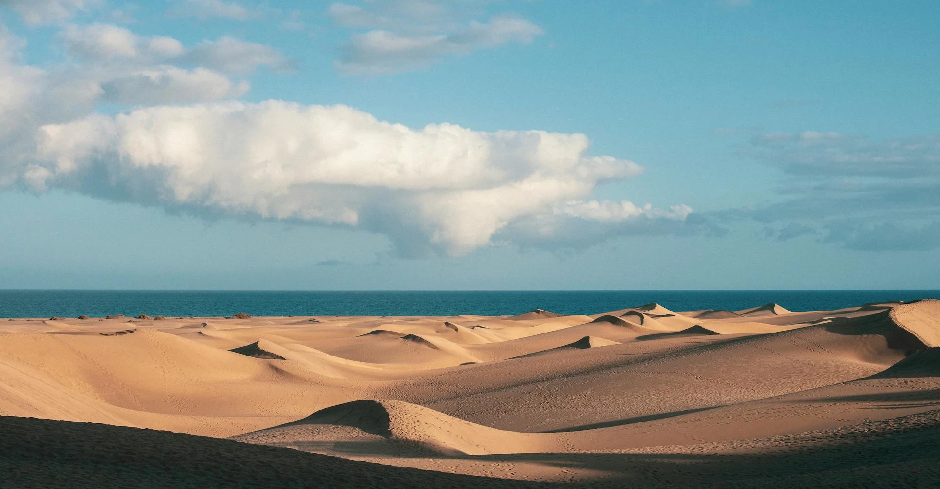 View of the dunes of Maspalomas on a sunny day, with the atlantic ocean on the background and a few clouds above