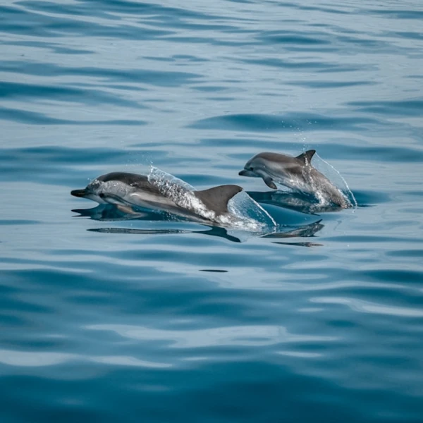 A pair of dolphins jumping on a very calm and blue sea