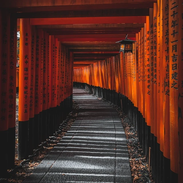 Iconic vermillion torii gates of Fushimi Inari Shrine in Kyoto, Japan