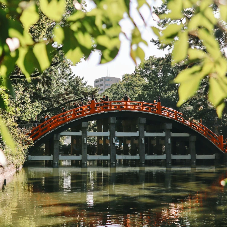 The red bridge of Sumiyoshi Taisha and its reflection on the water, surrounded by green vegetation.