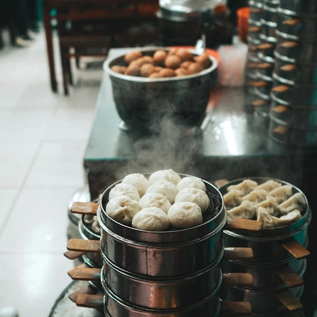 Baskets filled with traditional Chinese steamed dishes