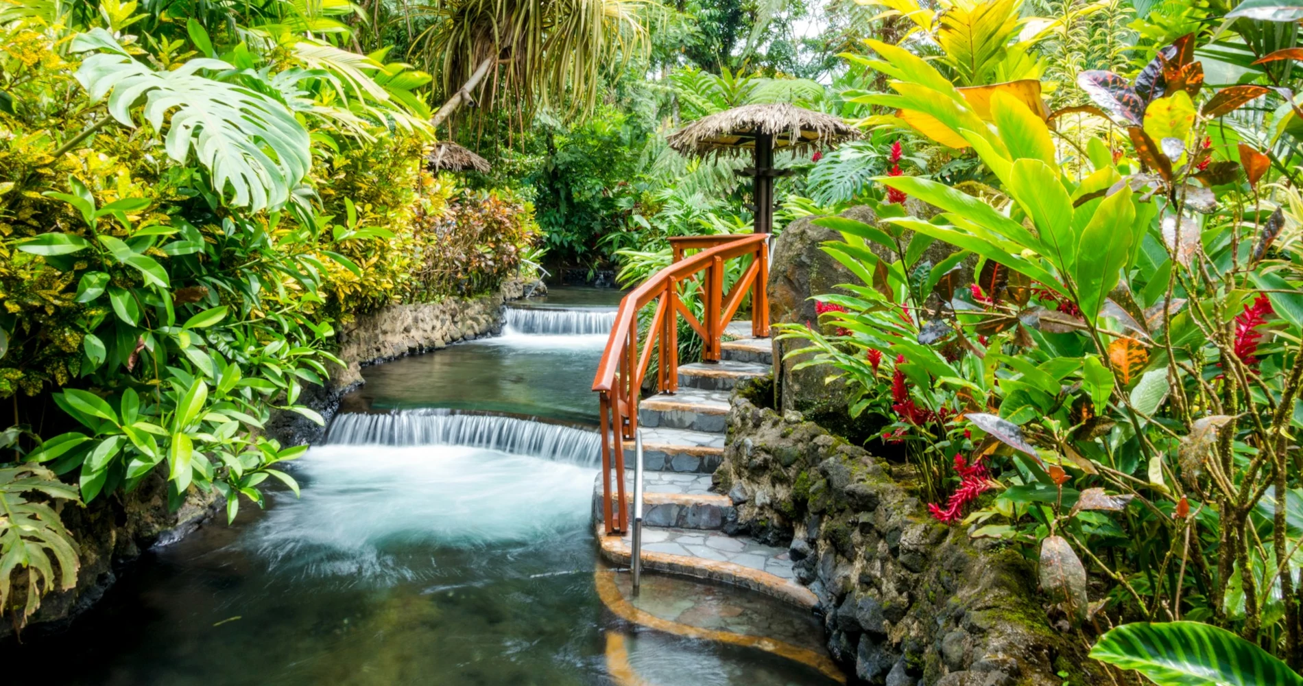 Stairs that go around a natural hot spring river surrounded by green vegetation