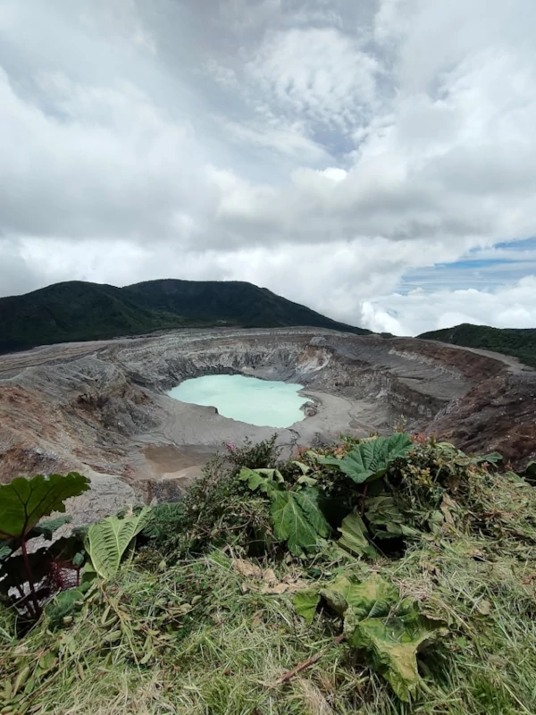 Unique Features of Poás Volcano National Park A blue lake at the center of a volcanic crater surrounded by green vegetation