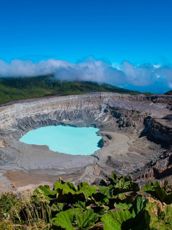 Why Visit Poás Volcano National Park? A large brown and gray volcanic crater surrounded by green plants, a blue sky and white clouds